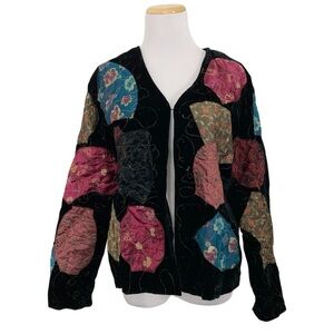 Chico’s Velvet Silk Blend Patchwork Fan Jacket Size 1 Colorful Asian Inst
